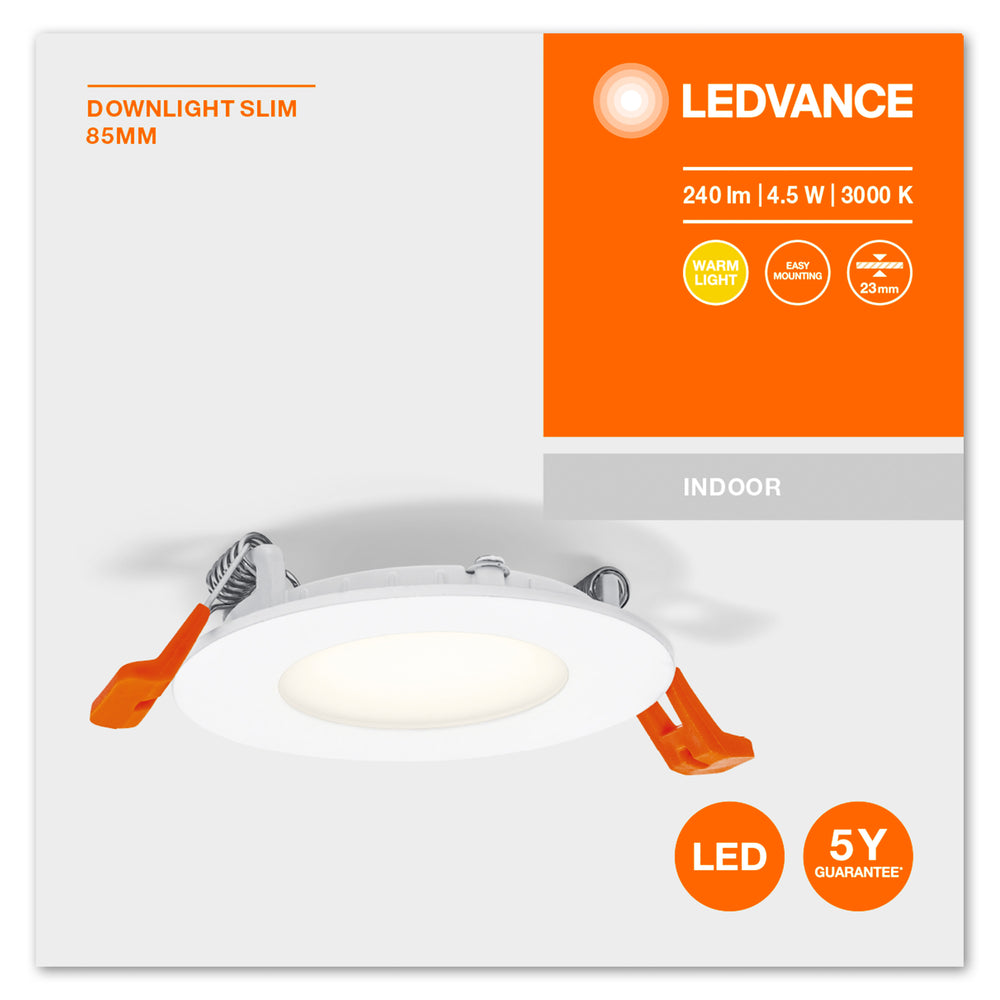 Ultra Slim LED Downlight White 4.5W 240 lumens 3000K warm white 85mm cutout 72mm 230V
