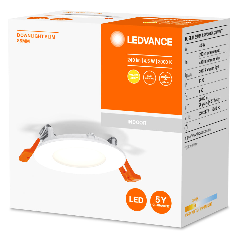 Ultra Slim LED Downlight White 4.5W 240 lumens 3000K warm white 85mm cutout 72mm 230V
