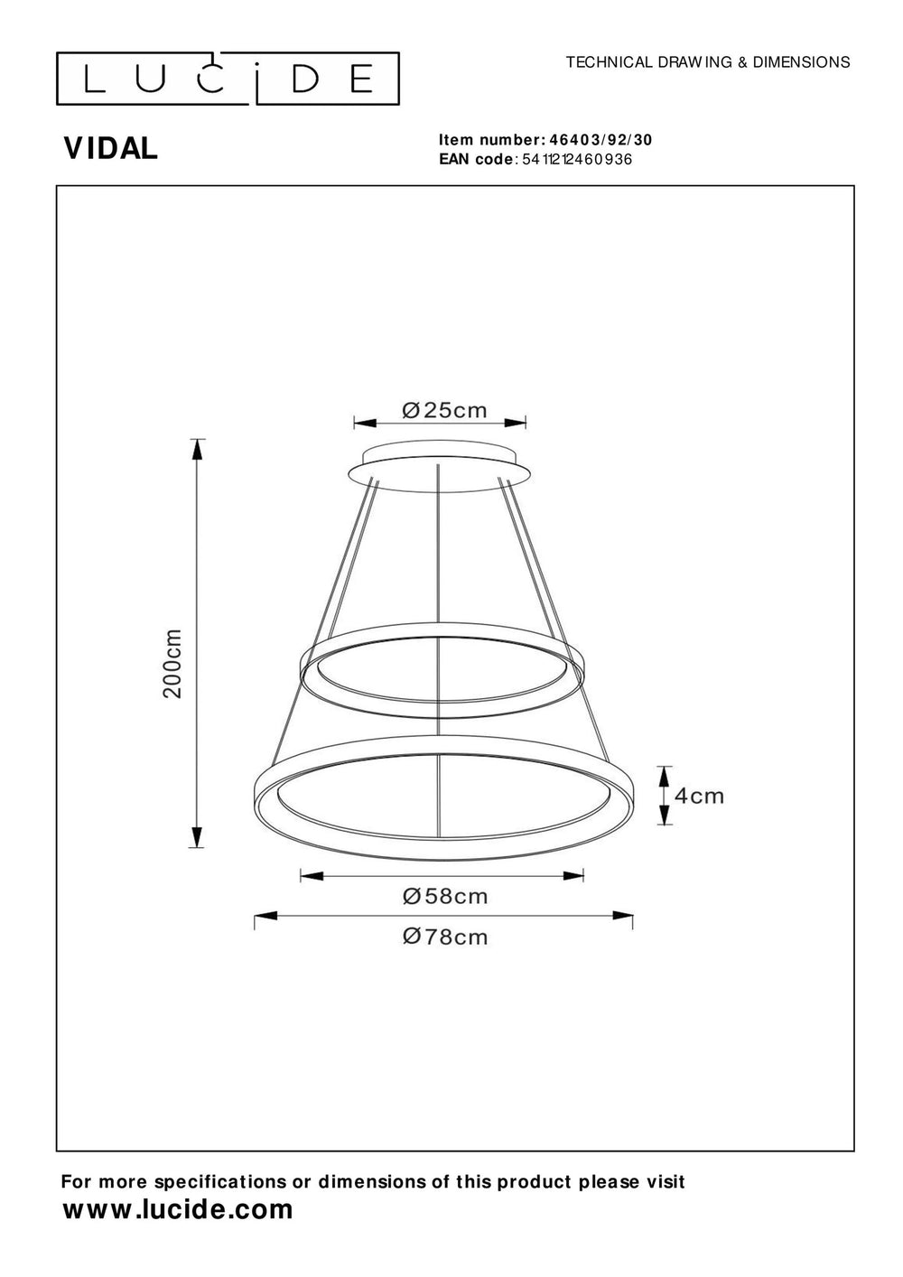 Lucide VIDAL LED pendant light Ø78cm dimmable 92W 2700K Black modern hanging lamp