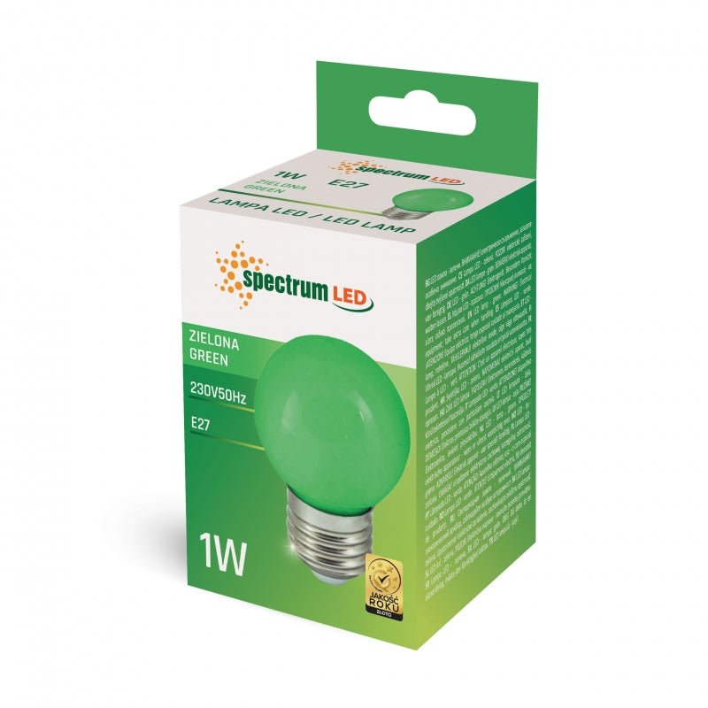 Spectrum LED Lampe G45 grün 1W mit E27 Fassung, 230V, 270° Abstrahlwinkel, 17000 Stunden, CRI 80, IP20, Innenbereich