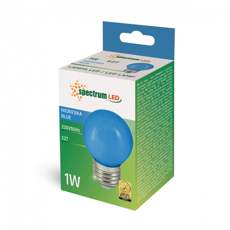 Spectrum LED Kugel G45 E27 1W blau, 230V, 270° Winkel, 17000 Stunden, IP20, CRI 80 Lumen, nicht dimmbar