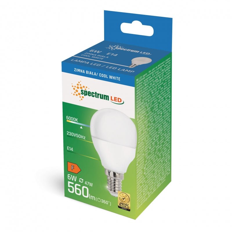 Spectrum LED bulb G45 e-14 230V 6W 6000K, 560 useful lumens, cool white light, IP20, 160° beam angle, not dimmable