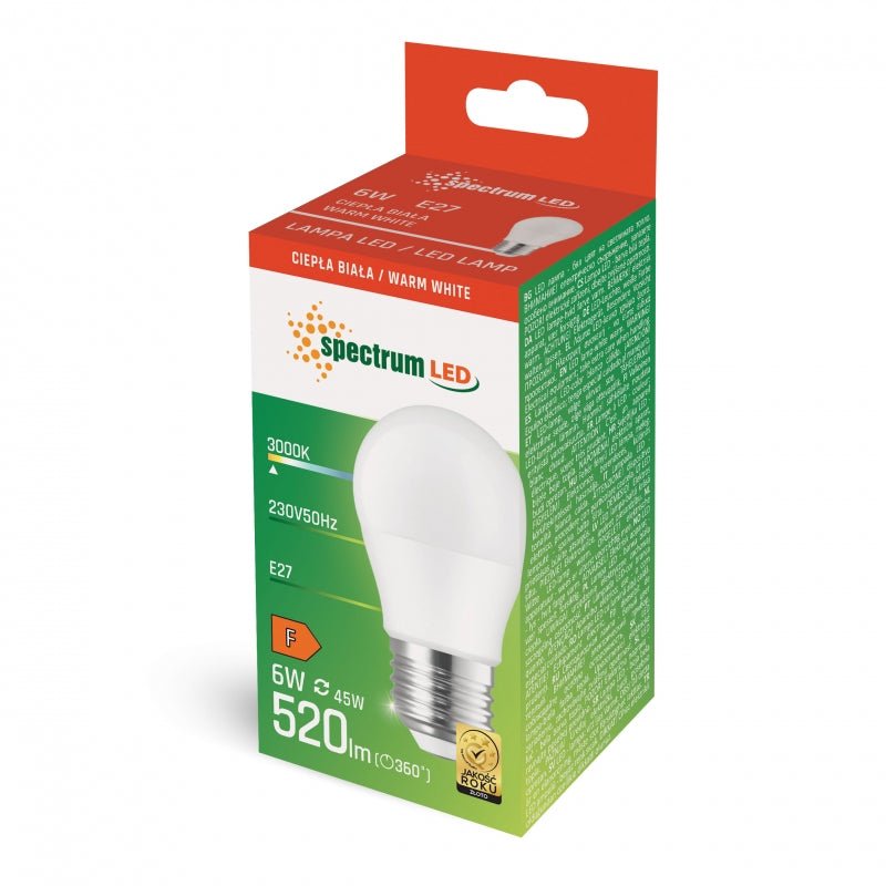 Spectrum LED lamp G45 E27 6W 3000K warm white 520 useful lumens 230V IP20