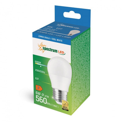 Spectrum LED bulb G45 E27 230V 6W cool white light 6000K 560 useful lumens IP20 non-dimmable 17000h