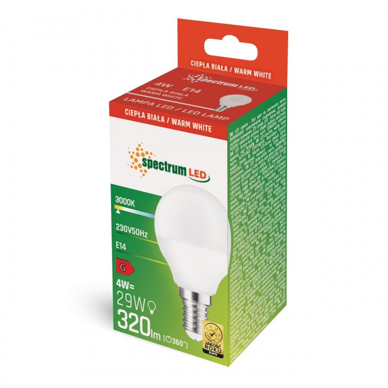 Spectrum LED bulb G45 E14 230V 4W 3000K warm white, 320 useful lumens, IP20, 160° beam angle, CRI 80, not dimmable