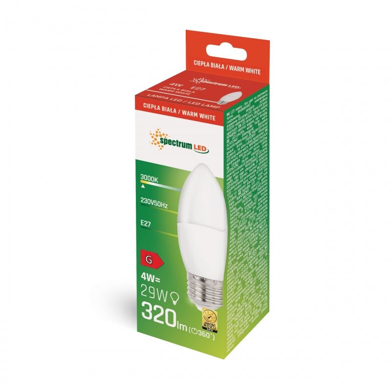 Spectrum LED-Kerzenlampe E27 warmweiß 4W 3000K, 320 Lumen, IP20, 230V, nicht dimmbar, interne Anwendung