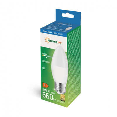 Spectrum LED Candle C37 E27 230V 6W 6000K cool white light 560 lumens, 160° beam angle, non-dimmable, 17000 hours lifespan