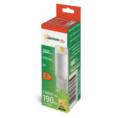 Spektrum LED G9 230V 2.5W 3000K warmweiß Keramische Lampe, 190 Lumen, 100° Winkel, lange Lebensdauer, CRI 80
