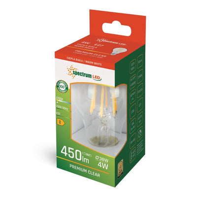 Spektrum LED GLS A60 E27 230V 4W warmweiß 2700K Glühfaden Optik, 450 Lumen, IP20, 300 Grad Abstrahlwinkel