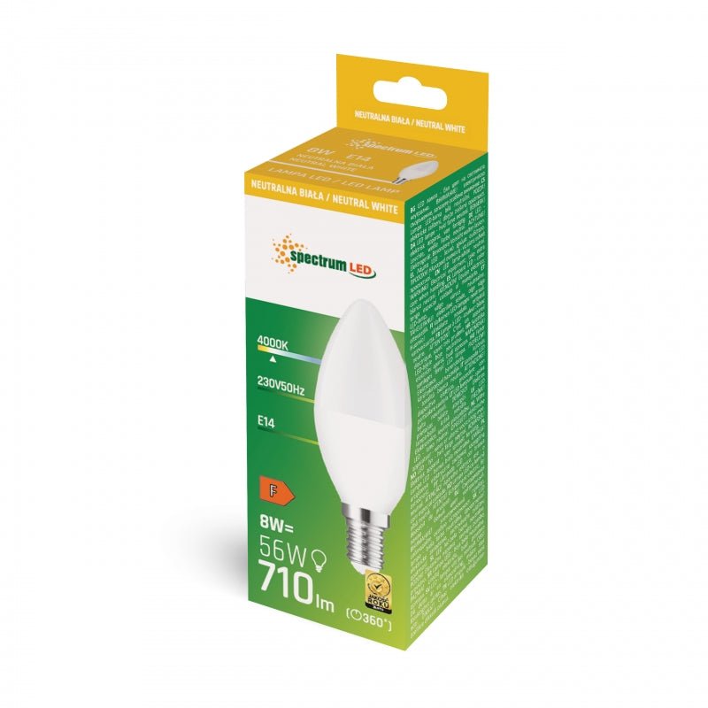 Spectrum LED Kerzenlampe C37 E14 230V 8W 4000K nicht dimmbar energiesparende Lampe 710 Lumen 160° Strahlungswinkel