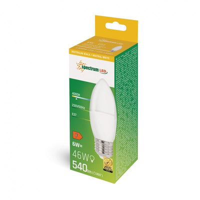 Spectrum LED candle bulb C37 E27 230V 6W NW 4000K, 540 lumens for indoor use, 160° beam angle, non-dimmable