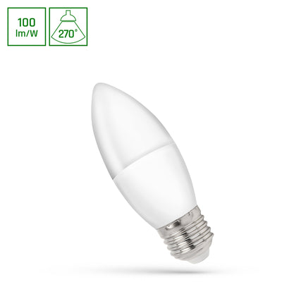 Spectrum LED candle lamp C37 E27 230V 1W CW 6000K with 100 lumens cool white light and 270° light distribution