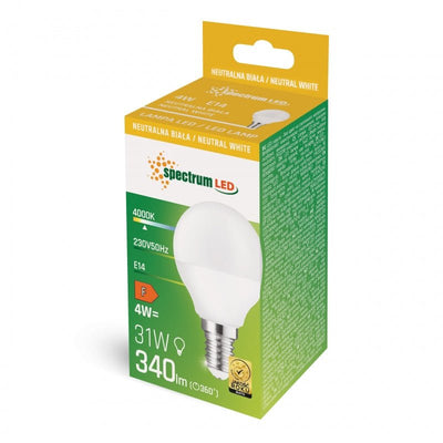 Spectrum LED ball G45 lamp with E14 fitting 230V 4W 4000K, 340 lumens, 160° spread, not dimmable, IP20